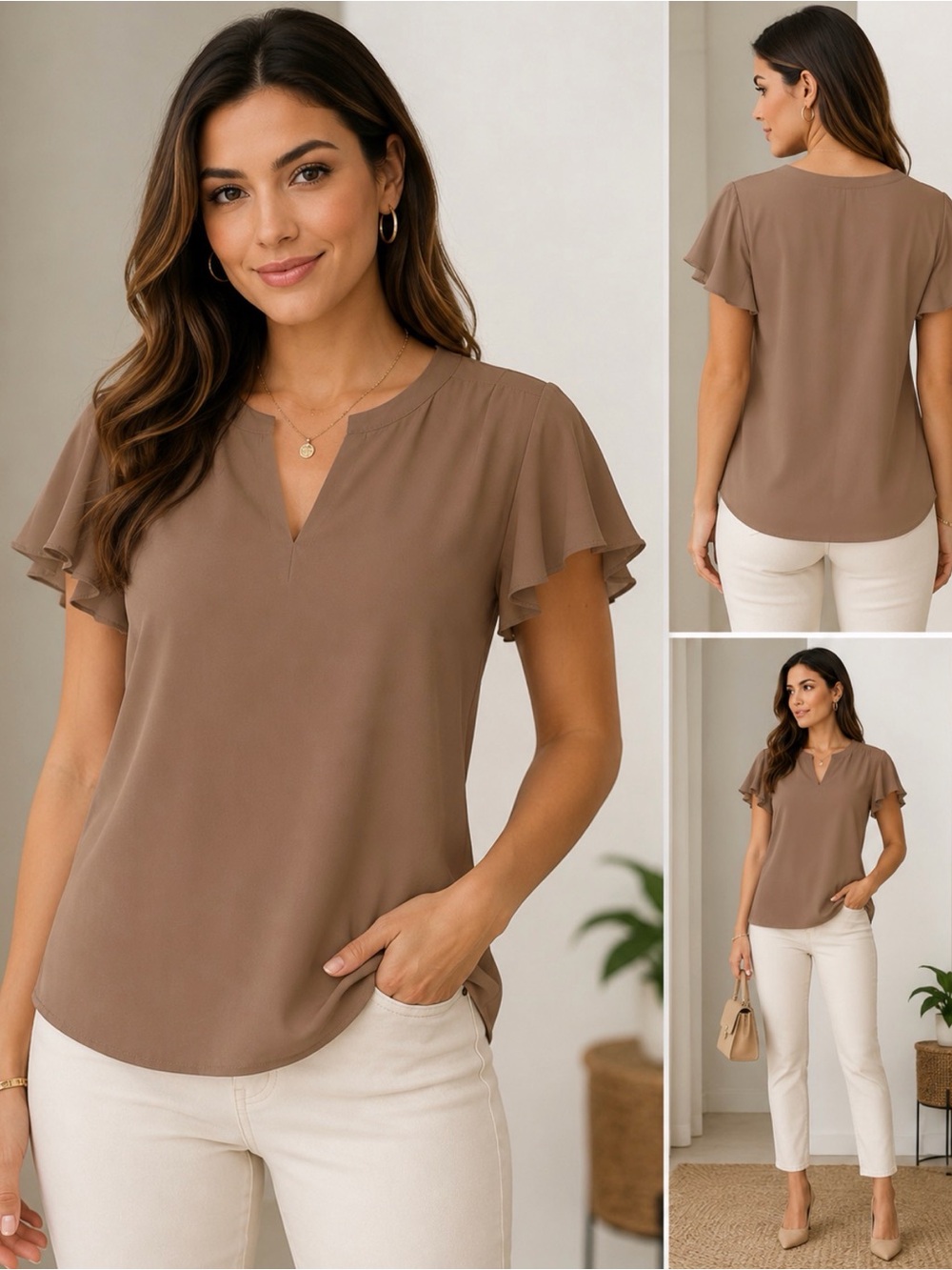Women’s Taupe Ruffle Sleeve Blouse - Lightweight V-Notch Top